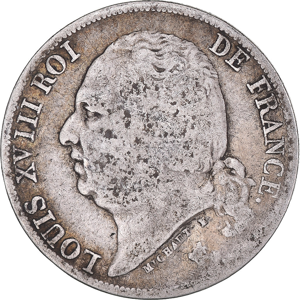 Moeda, França, Louis XVIII, Louis XVIII, Franc, 1823, Lille, VF(20-25), Prata