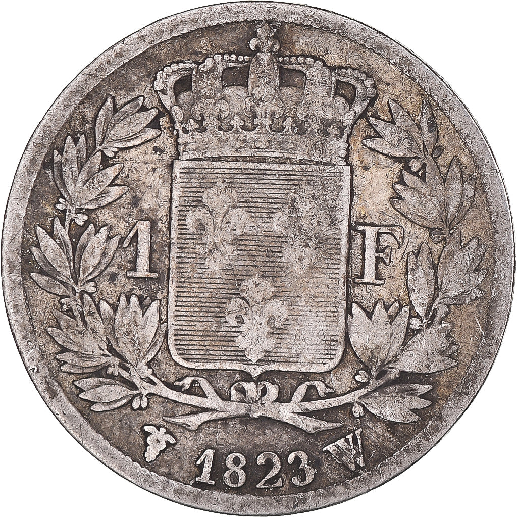 Moeda, França, Louis XVIII, Louis XVIII, Franc, 1823, Lille, VF(20-25), Prata