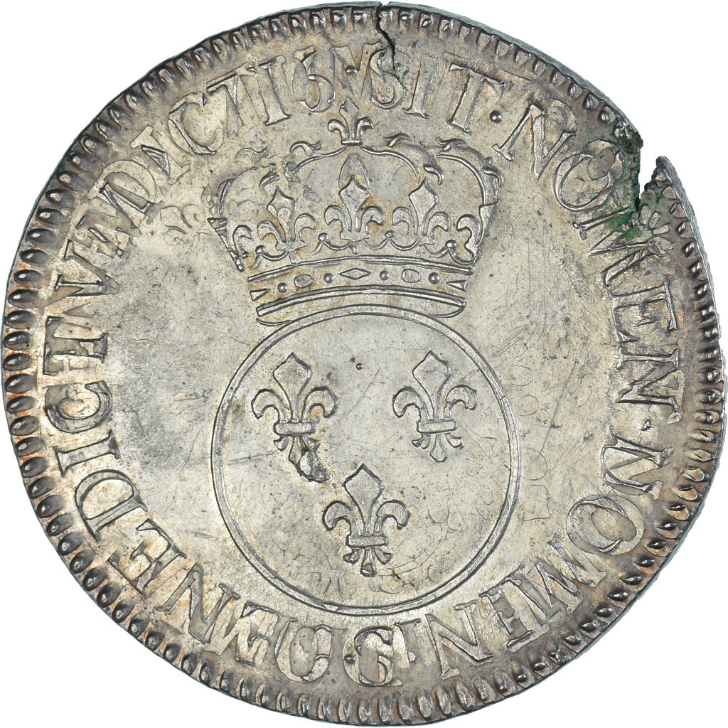 Moneda, Francia, Louis XV, Ecu Vertugadin, 1716, Reims, réformé, MBC+, Plata