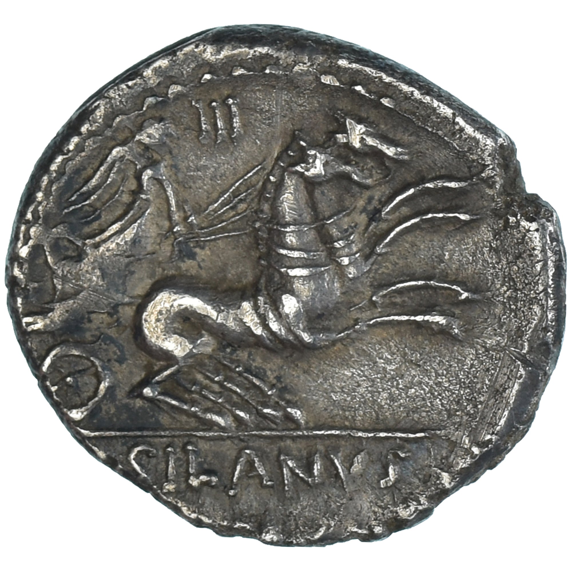 Moeda, D. Iunius Silanus, Denarius, 91 BC, Rome, AU(50-53), Prata
