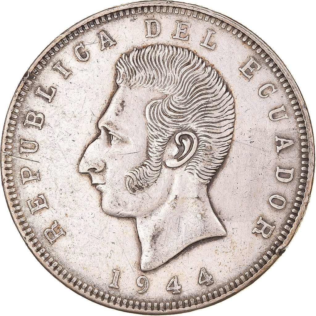Munten, Ecuador, Antonio José de Sucre, 5 Sucres, 1944, Mexico, ZF+, Zilver