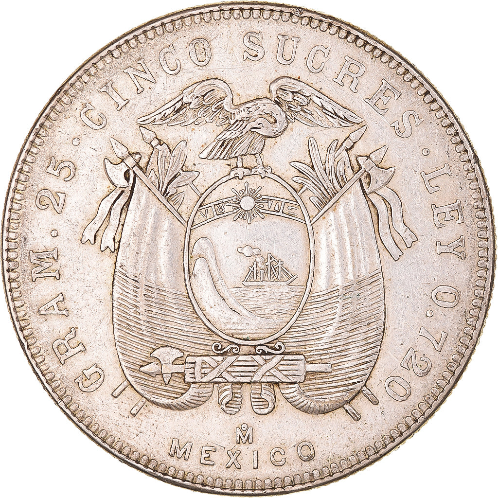 Munten, Ecuador, Antonio José de Sucre, 5 Sucres, 1944, Mexico, ZF+, Zilver