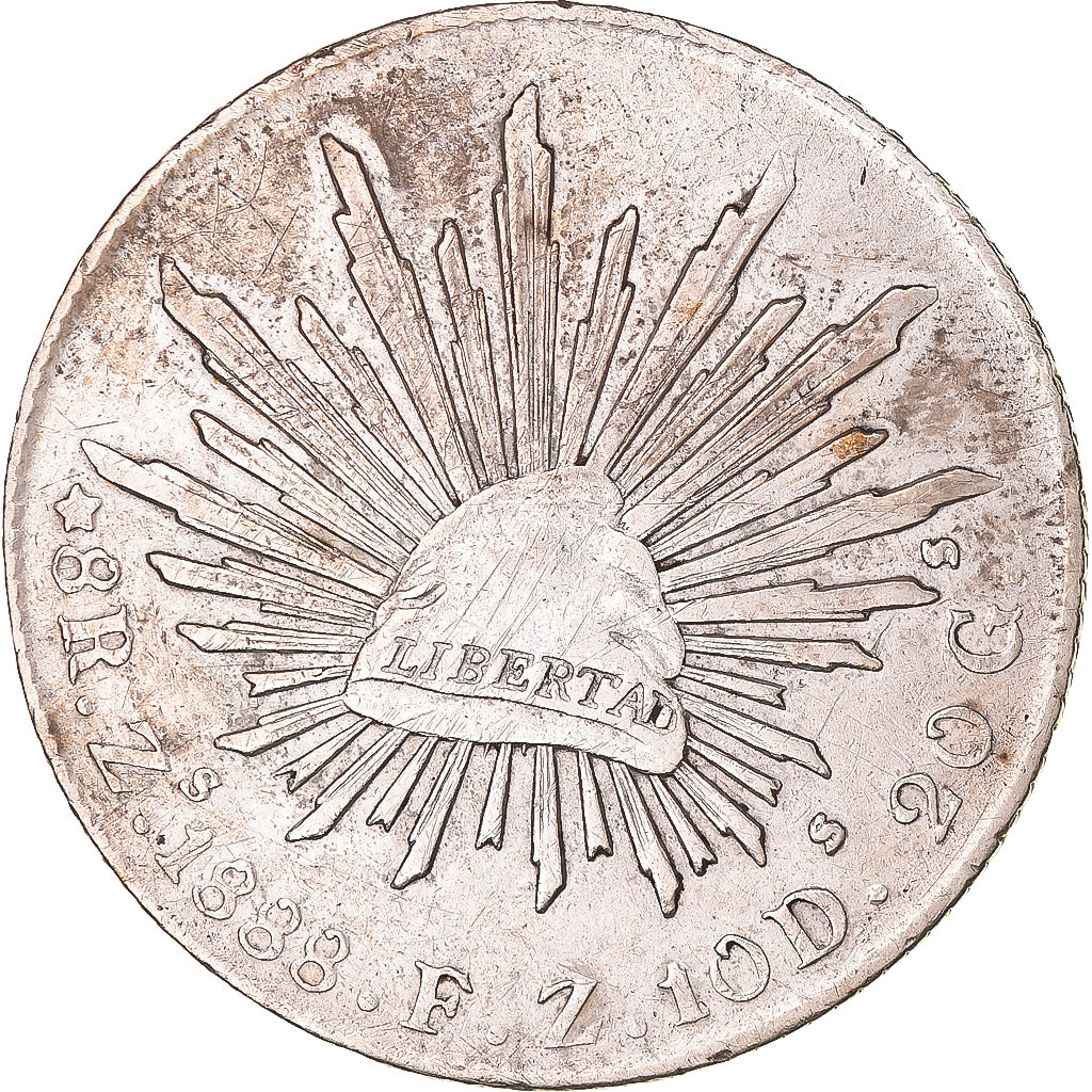Moneda, México, 8 Reales, 1888, Zacatecas, MBC+, Plata, KM:377.13