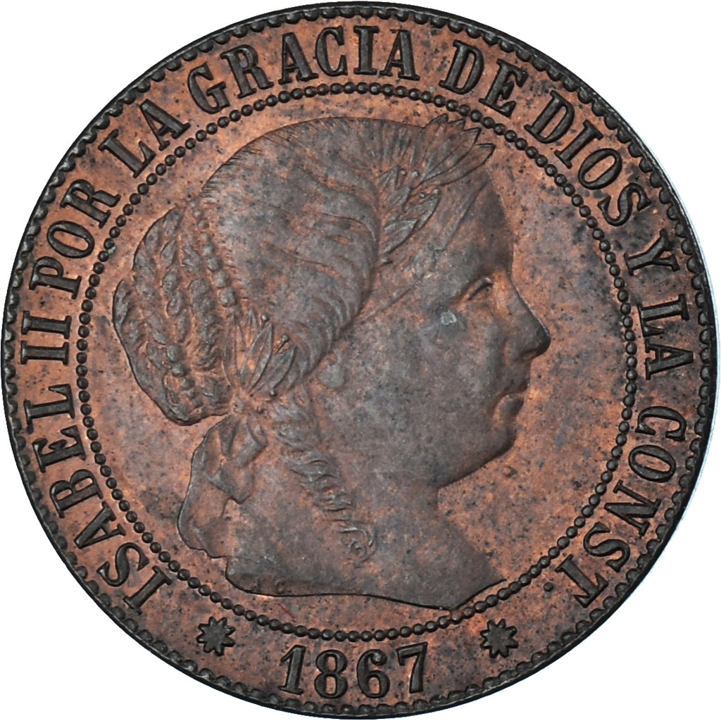 Moneta, Hiszpania, Isabel II, Centimo, 1867, Barcelona, AU(55-58), Miedź