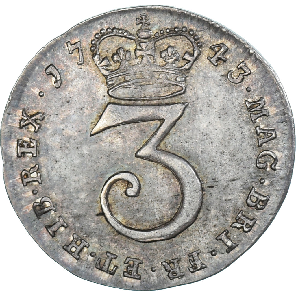 Coin, Great Britain, George II, 3 Pence, 1743, AU(55-58), Silver, Spink:3713B