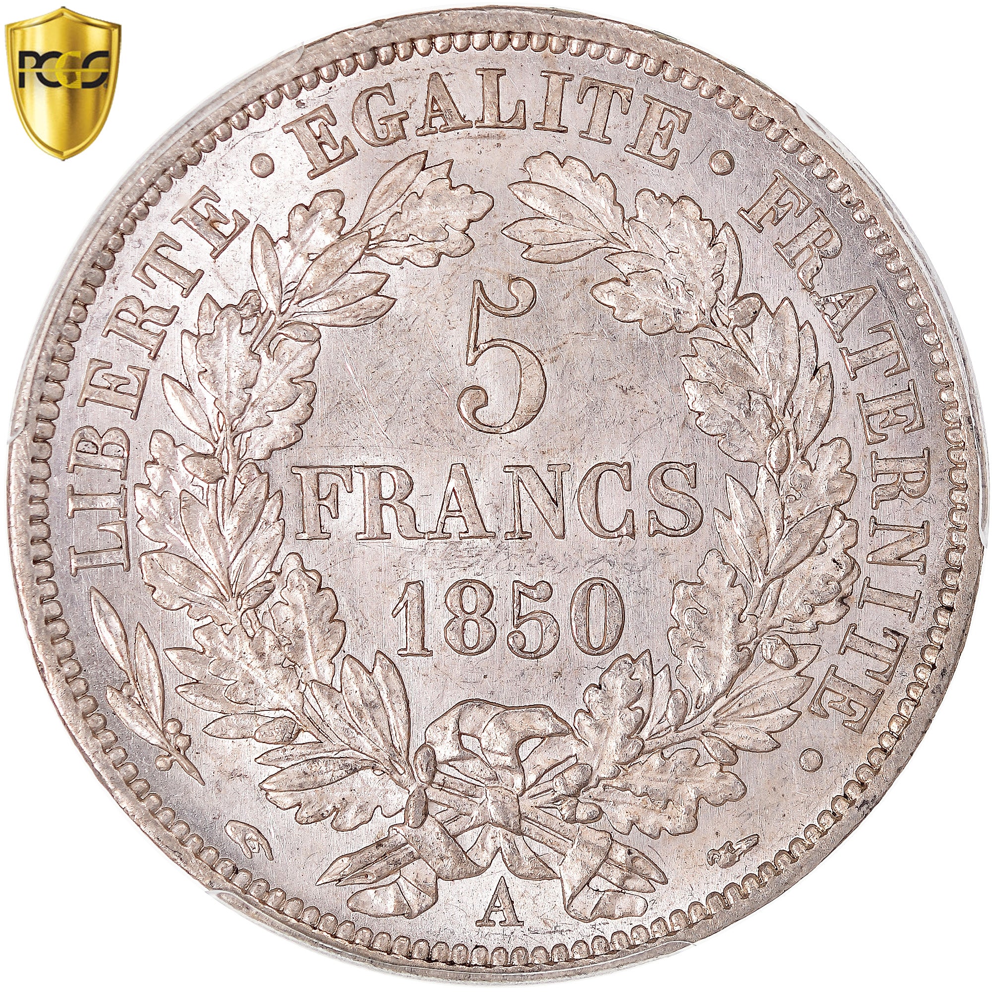 Coin, France, Cérès, 5 Francs, 1850, Paris, PCGS, MS62, MS(60-62), Silver