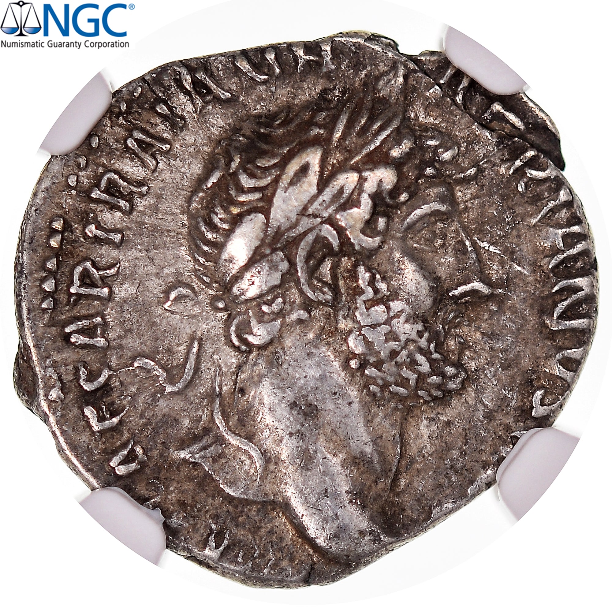 Coin, Hadrian, Denarius, 120-121, Rome, graded, NGC, XF flan flaw, EF(40-45)