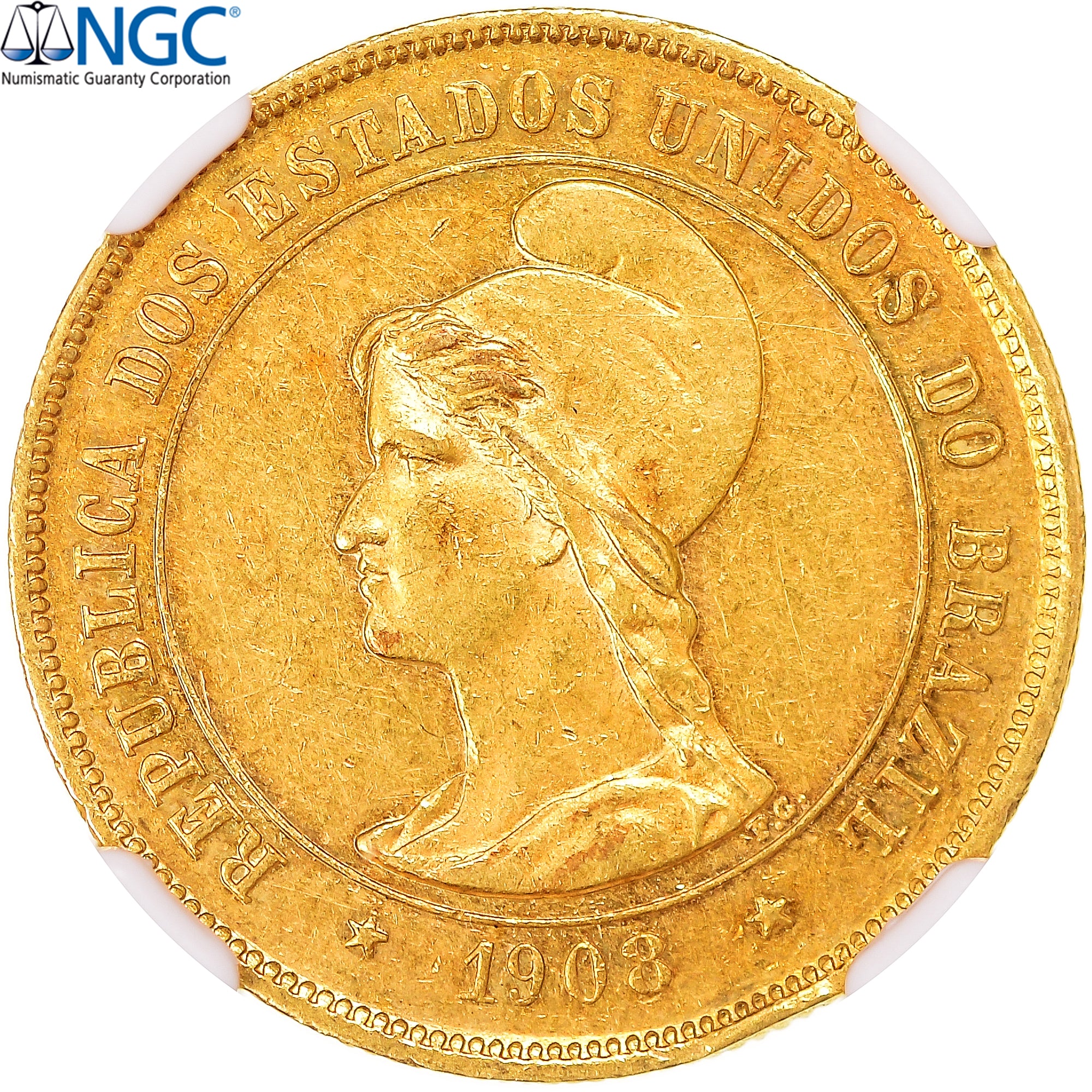 Monnaie, Brésil, 10000 Reis, 1908, Rio de Janeiro, NGC, AU Details, SUP, Or
