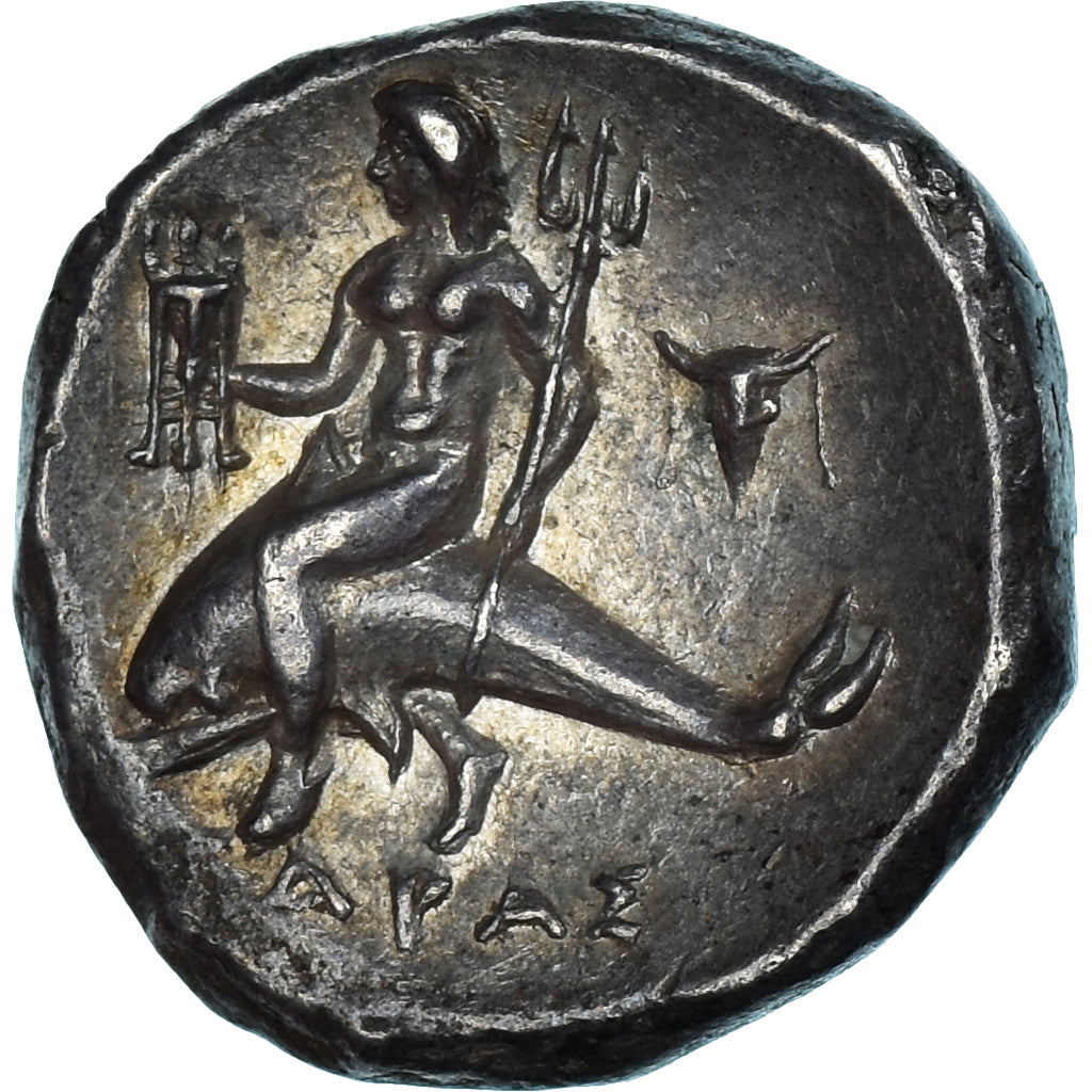 Moeda, Calábria, Nomos, ca. 272-240 BC, Tarentum, AU(50-53), Prata, HN
