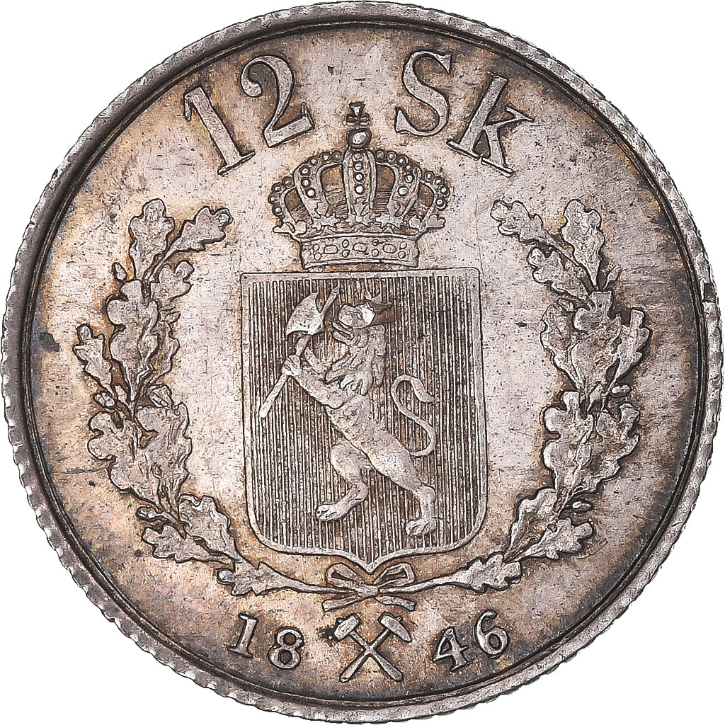 Coin, Norway, Oscar I, 12 Skilling, 1846, Kongsberg, MS(63), Silver