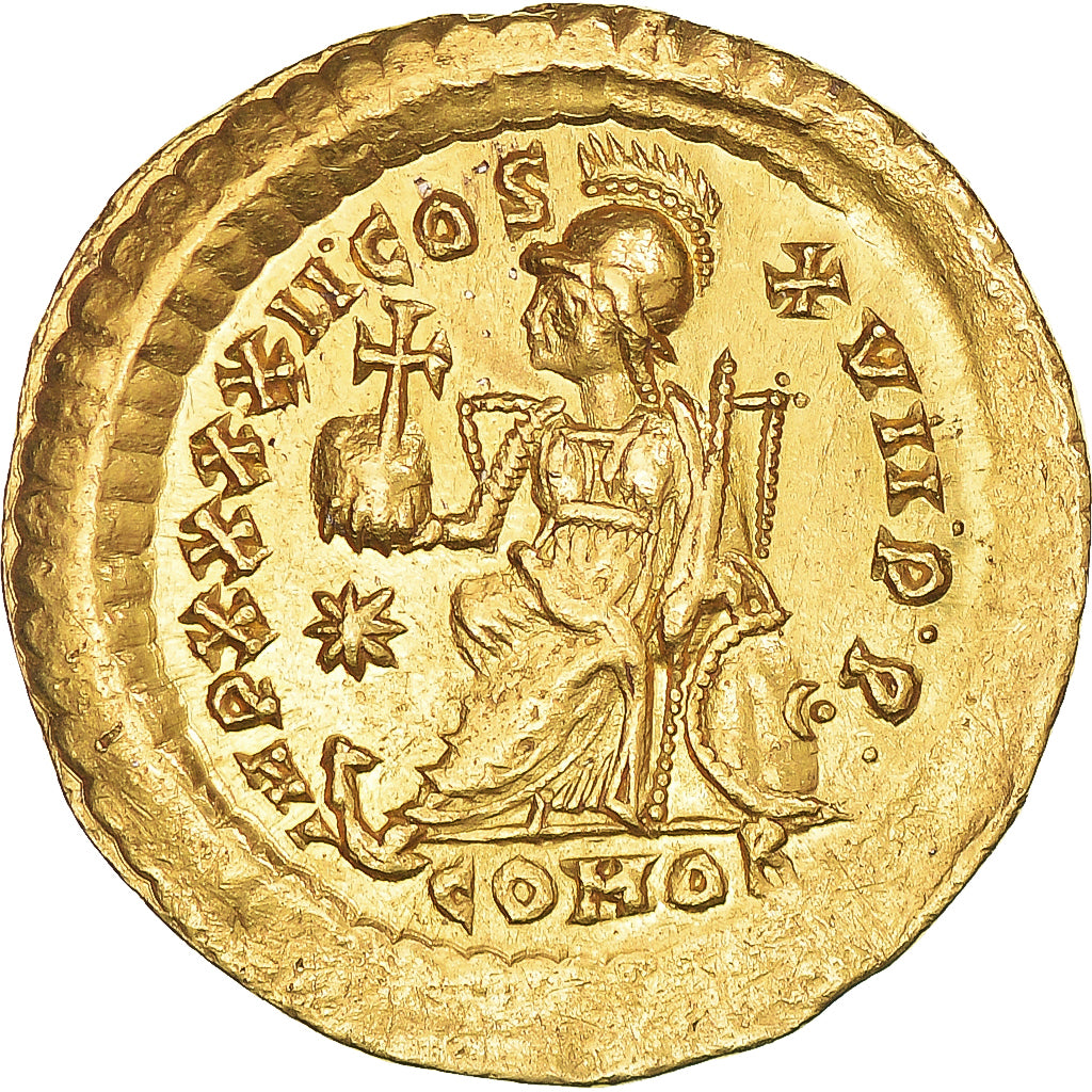 Moeda, Galla Placidia, Solidus, ca. 443-450, Constantinople, EF(40-45), Dourado