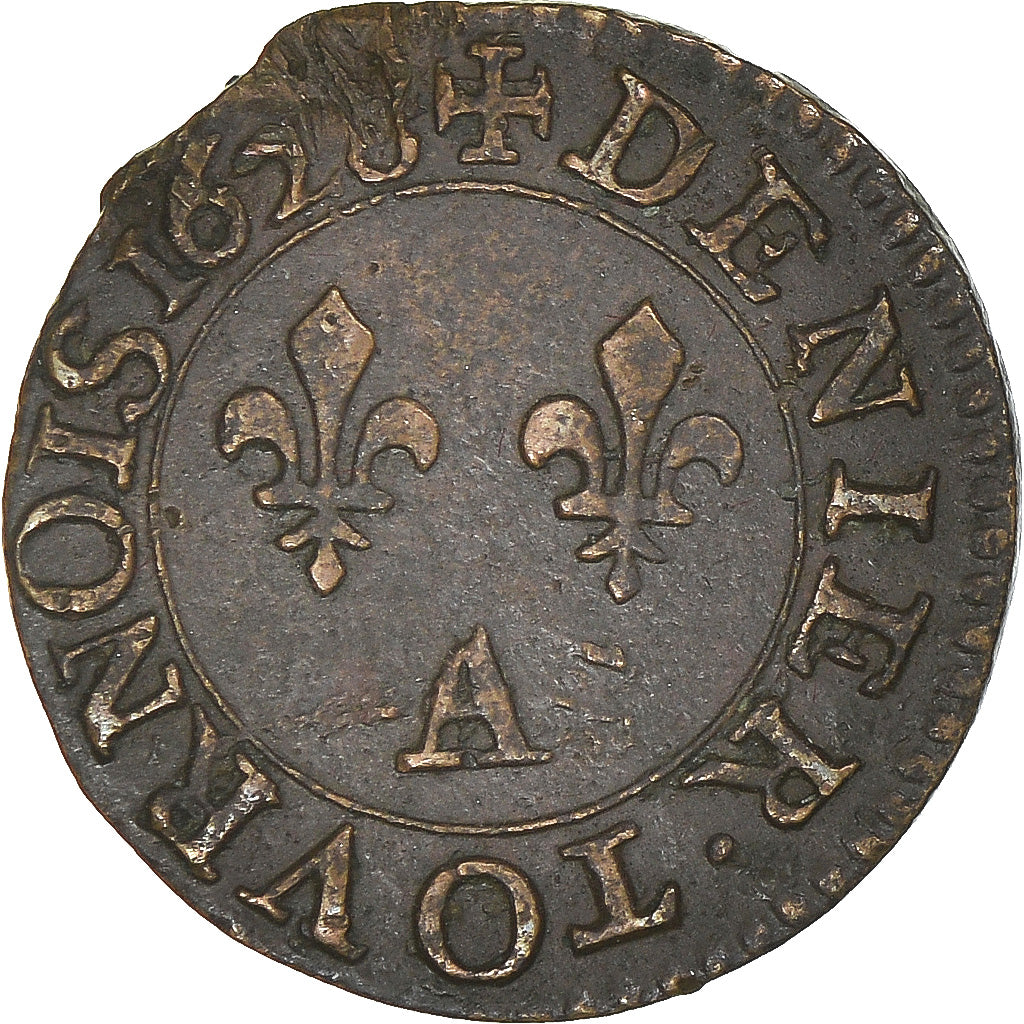 Moneda, Francia, Louis XIII, Denier Tournois, 1626, Paris, EBC, Cobre