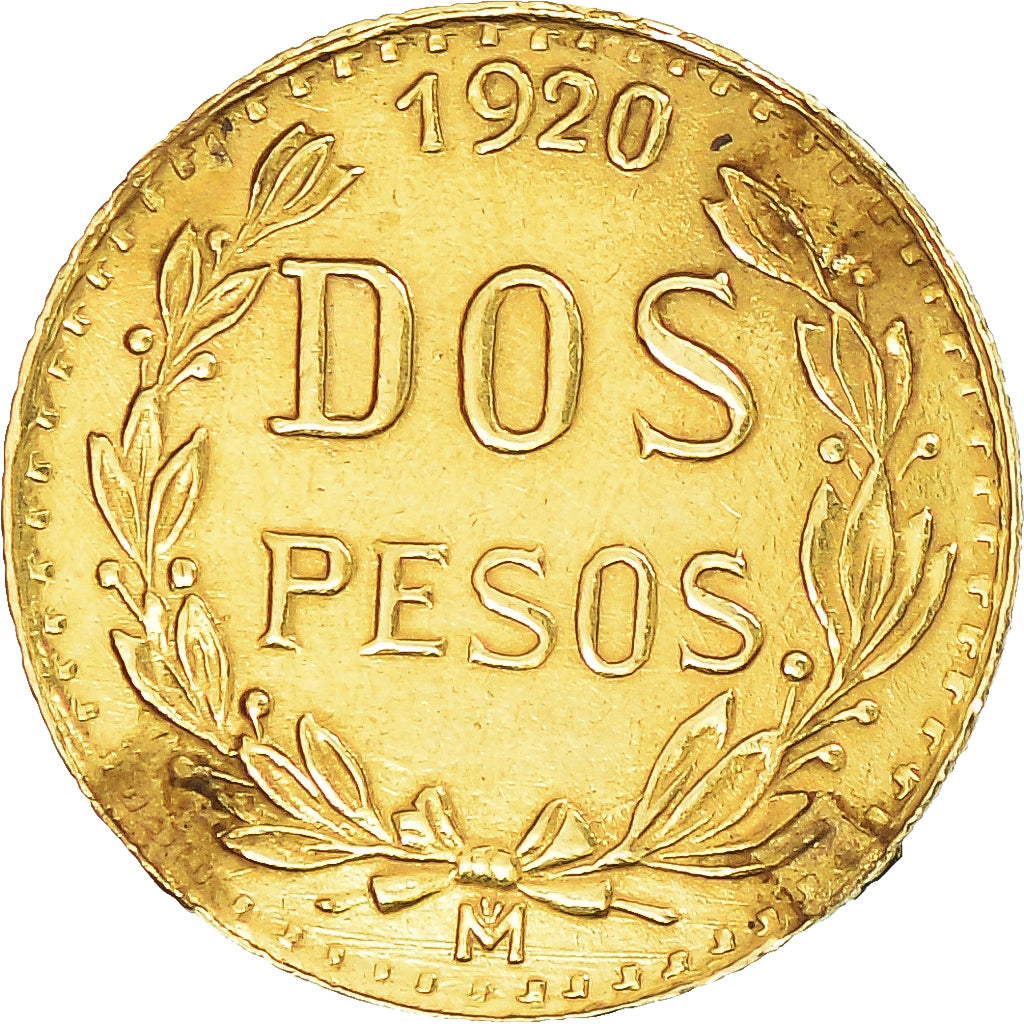 Moneda, México, 2 Pesos, 1920, Mexico City, EBC, Oro, KM:461