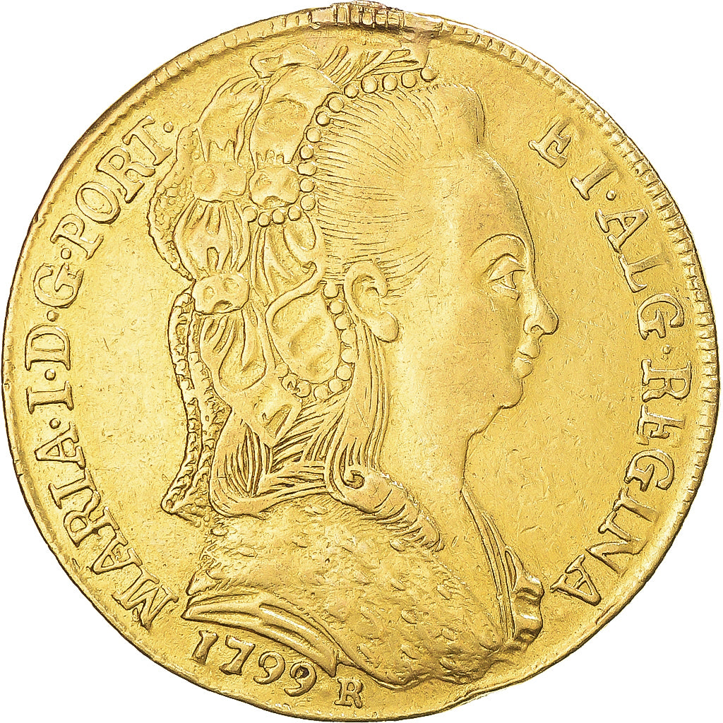 Moneta, Brasile, Maria I, 6400 Reis, 1799, Rio de Janeiro, BB+, Oro, KM:226.1