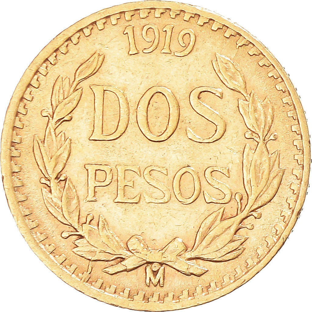 Coin, Mexico, 2 Pesos, 1919, Mexico City, AU(50-53), Gold, KM:461