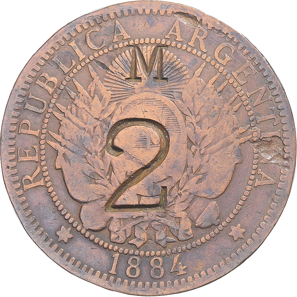 Moeda, Argentina, 2 Centavos, 1884, Buenos Aires, Contramarca, VF(30-35), Cobre