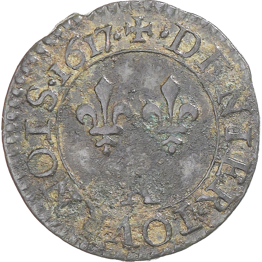 Moeda, França, Louis XIII, Denier Tournois, 1617, Paris, AU(50-53), Cobre