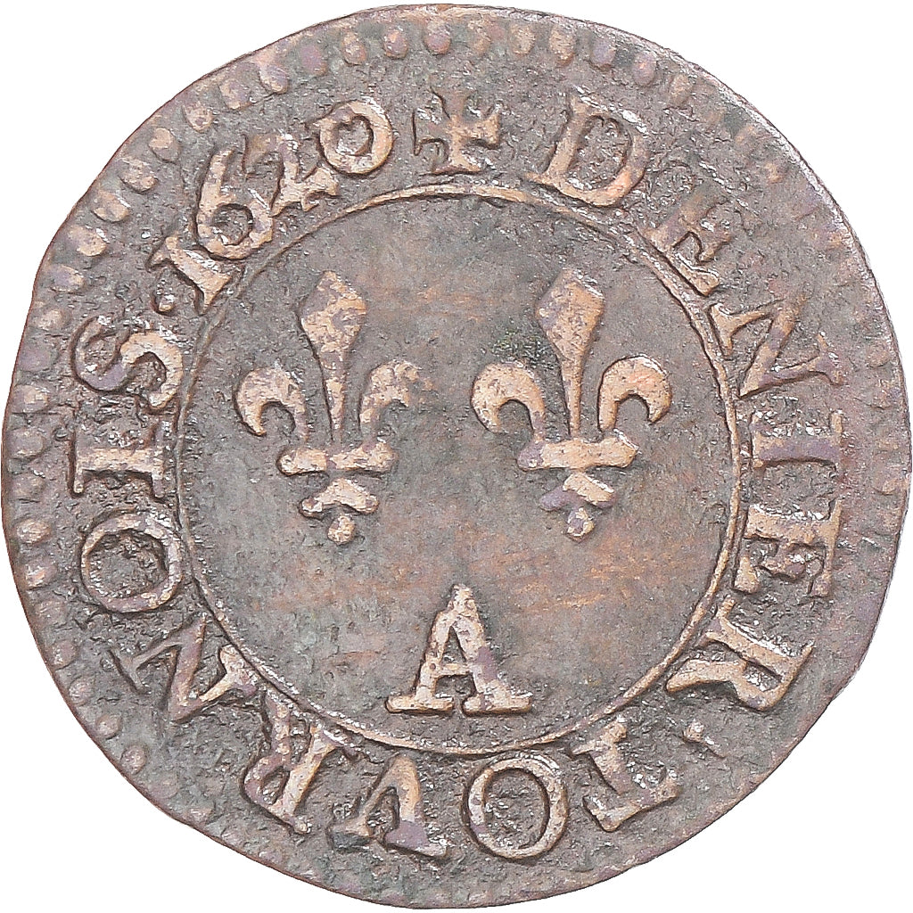 Moeda, França, Louis XIII, Denier Tournois, 1620, Paris, AU(50-53), Cobre