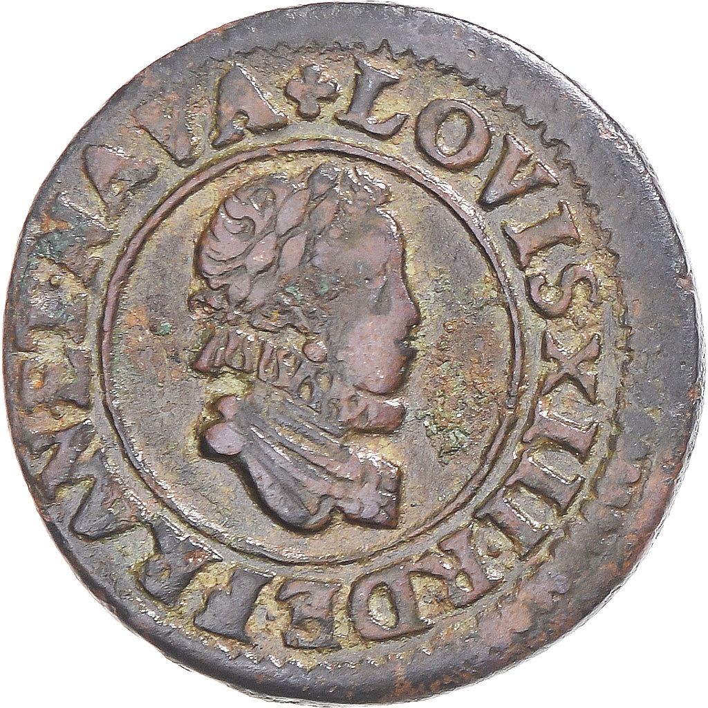 Moneda, Francia, Louis XIII, Denier Tournois, 1611, Lyon, MBC, Cobre, CGKL:360