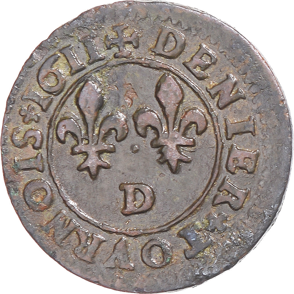 Moneda, Francia, Louis XIII, Denier Tournois, 1611, Lyon, MBC, Cobre, CGKL:360