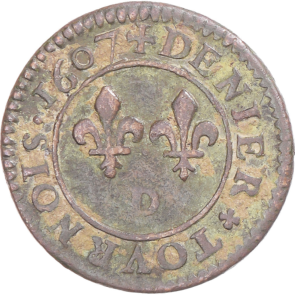 Coin, France, Henry IV, Denier Tournois, 1607, Lyon, EF(40-45), Copper
