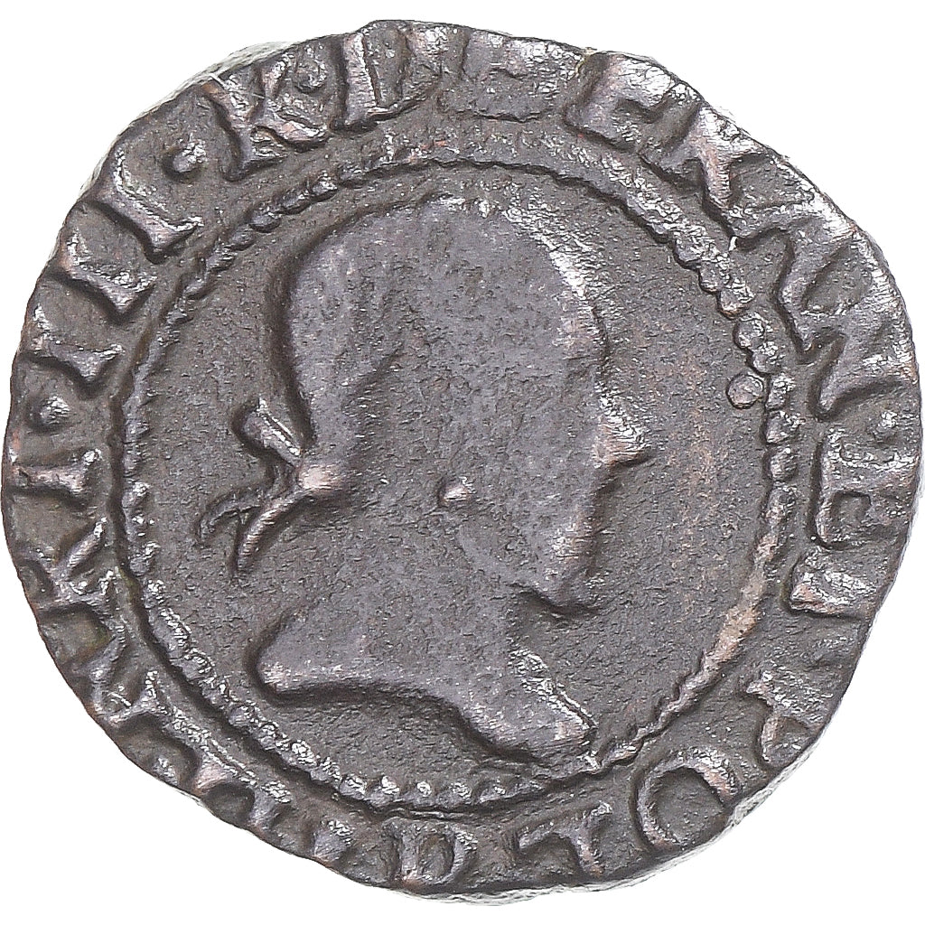 Moeda, França, Henri III, Denier Tournois, 1582, Rouen, VF(30-35), Cobre