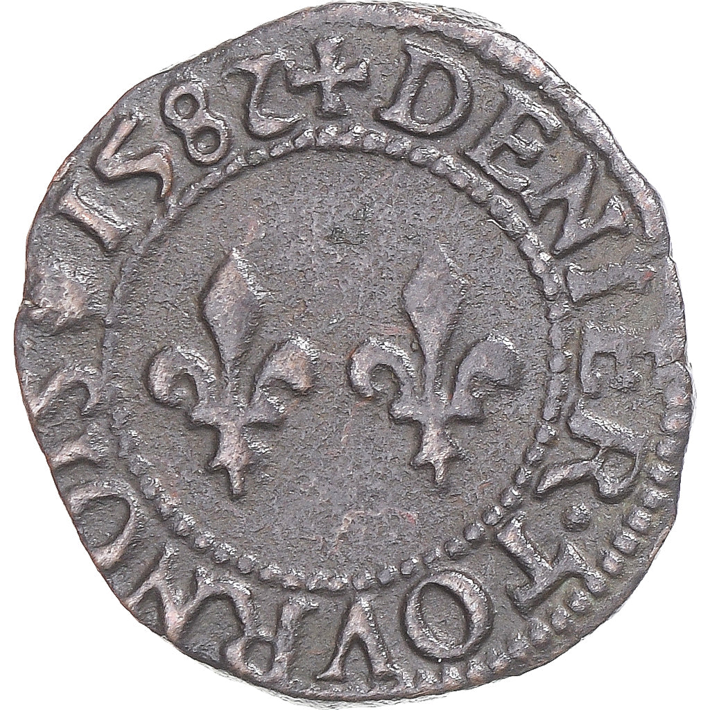 Moeda, França, Henri III, Denier Tournois, 1582, Rouen, VF(30-35), Cobre