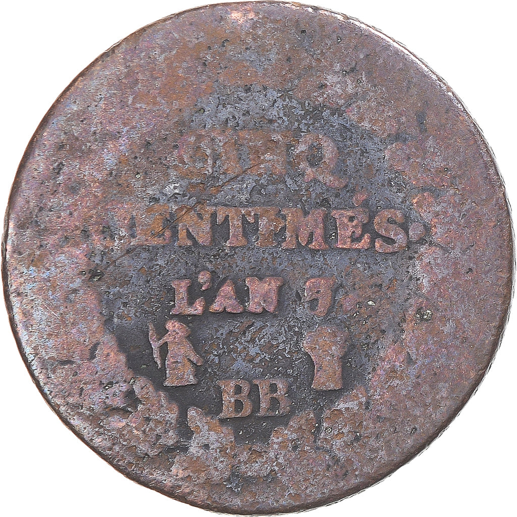 Moneta, Francia, Dupré, 5 Centimes, AN 7/5, Strasbourg, MB, Rame, Gadoury:126