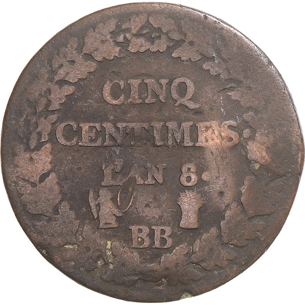 Moneta, Francia, Dupré, 5 Centimes, AN 8/5, Strasbourg, B, Rame, Gadoury:126a