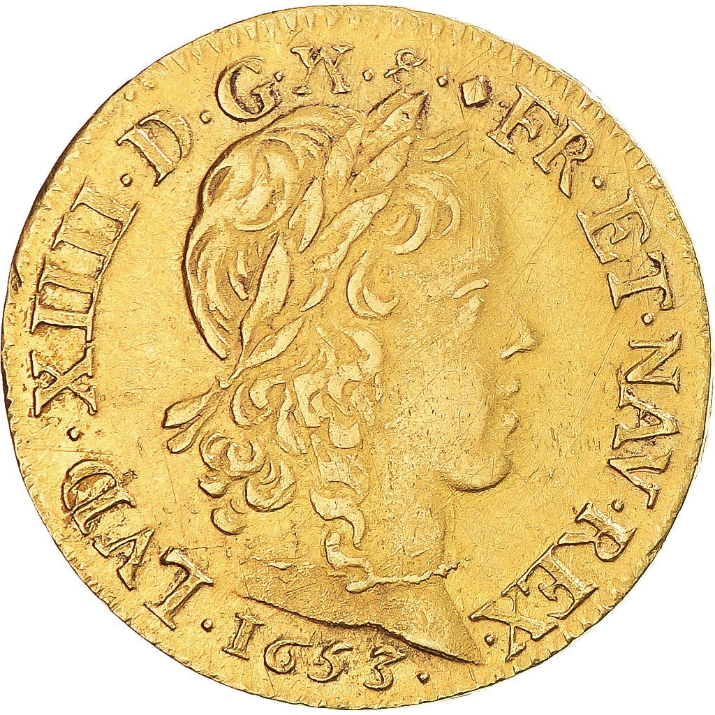 Moneta, Francia, Louis XIV, Louis d'or à la mèche longue, 1653, Lyon, BB+