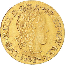 Moneta, Francia, Louis XIV, Louis d'or à la mèche longue, 1653, Lyon, BB+
