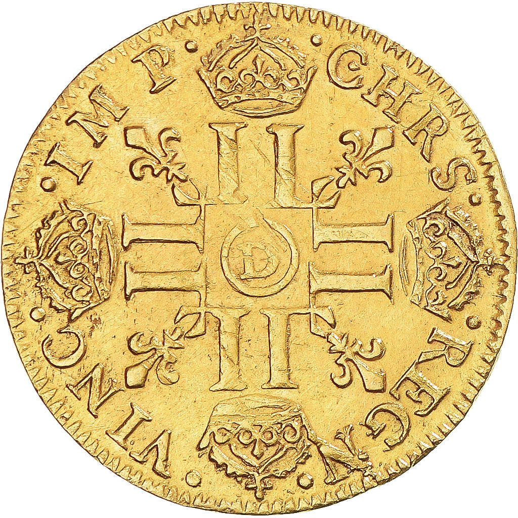 Moneta, Francia, Louis XIV, Louis d'or à la mèche longue, 1653, Lyon, BB+