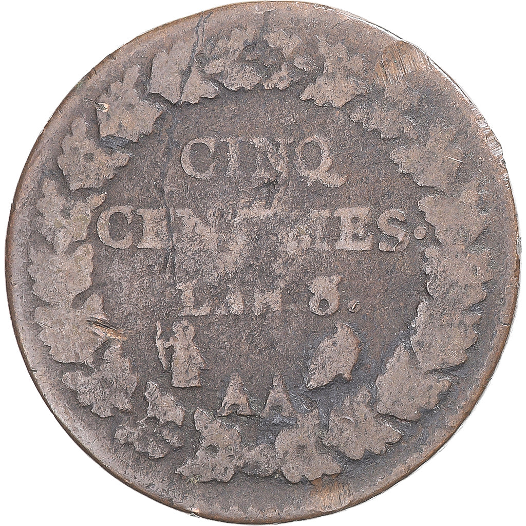 Moneta, Francia, Dupré, 5 Centimes, AN 8/5, Metz, B, Rame, Gadoury:126a