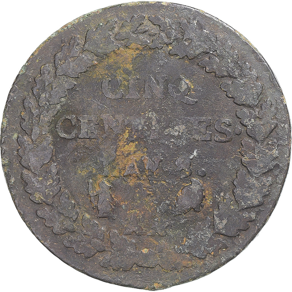 Munten, Frankrijk, Dupré, 5 Centimes, AN 8/5, Metz, ZG+, Koper, Gadoury:126a