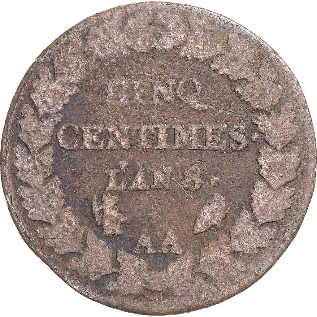 Moneta, Francia, Dupré, 5 Centimes, AN 8, Metz, B, Rame, Gadoury:126a