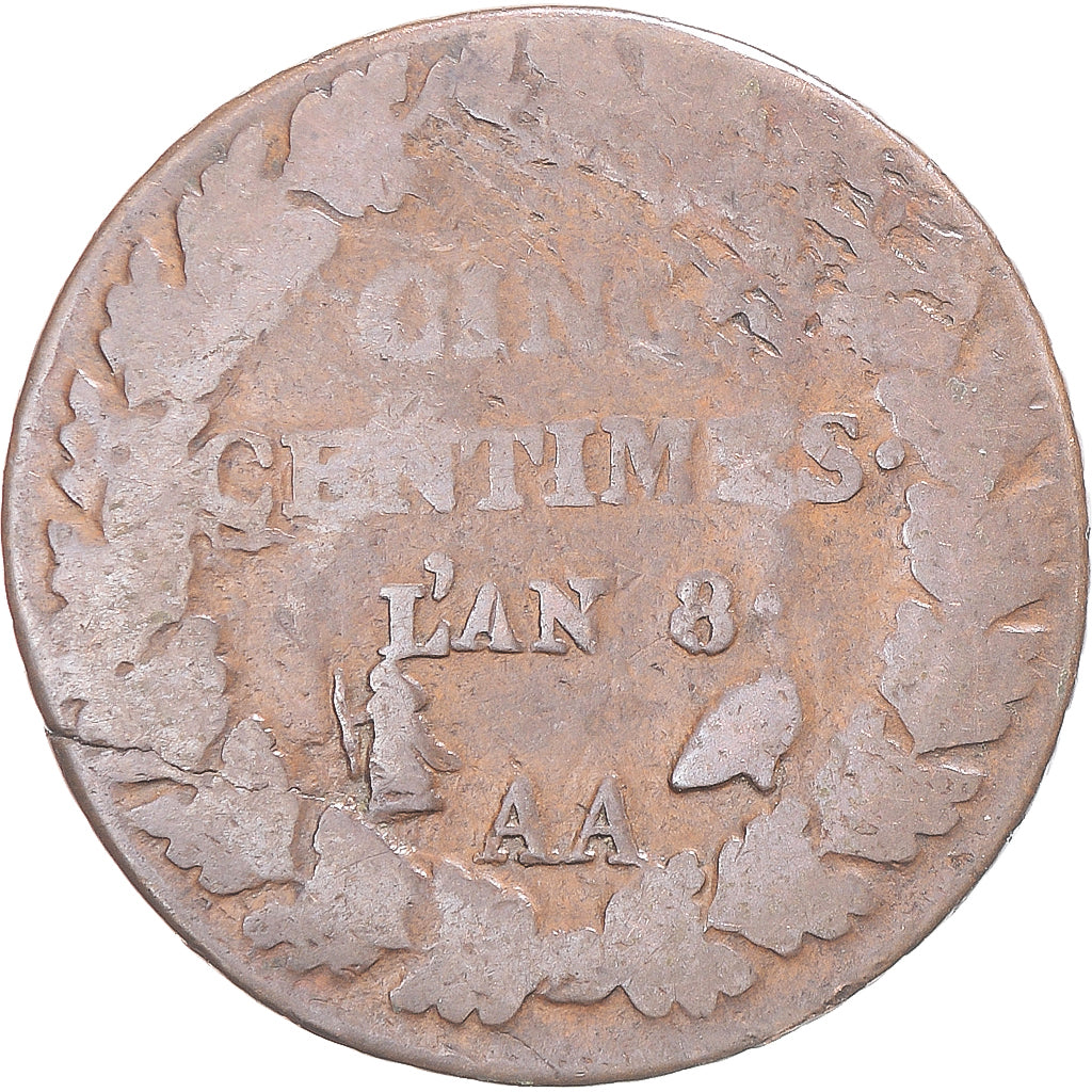 Moneta, Francja, Dupré, 5 Centimes, AN 8, Metz, VF(20-25), Miedź, Gadoury:126a