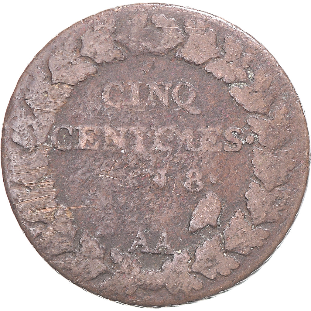 Münze, Frankreich, Dupré, 5 Centimes, AN 8, Metz, S, Kupfer, Gadoury:126a