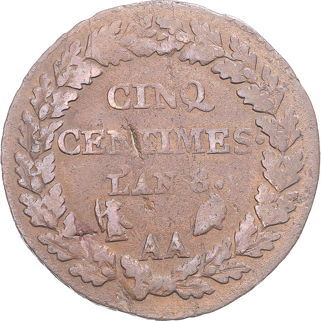 Coin, France, Dupré, 5 Centimes, AN 8, Metz, VF(30-35), Copper, Gadoury:126a