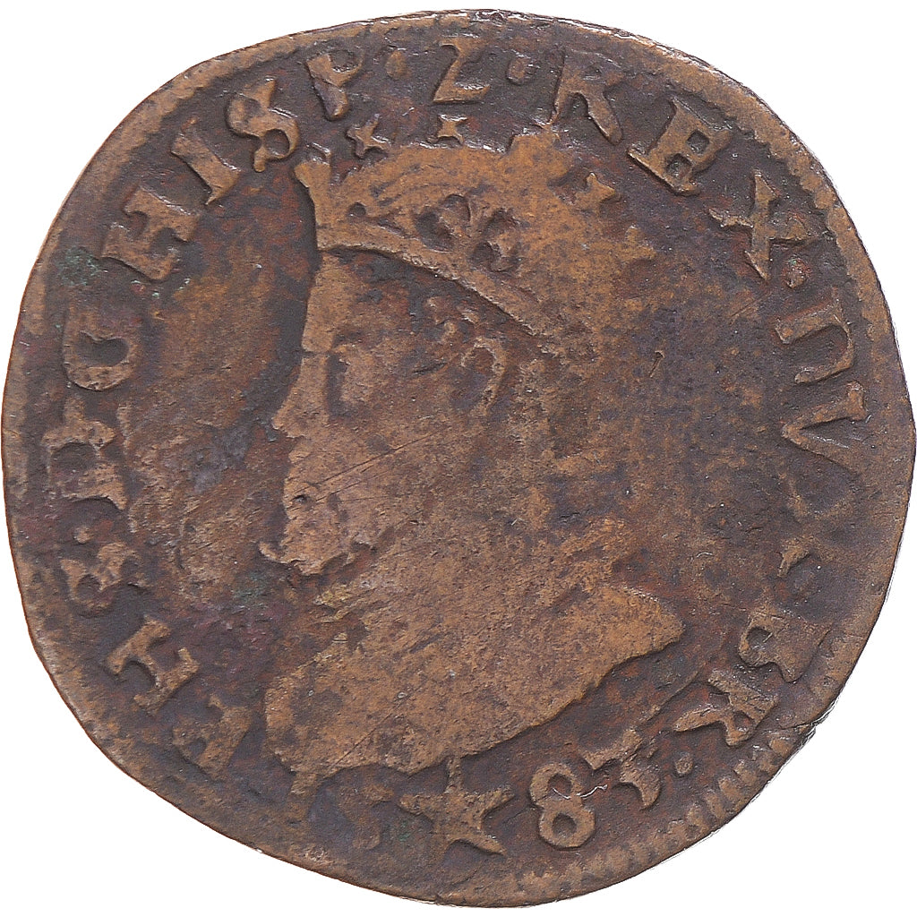 Moneda, Países Bajos españoles, Philip II, Liard, 1583, Maastricht, BC+, Cobre