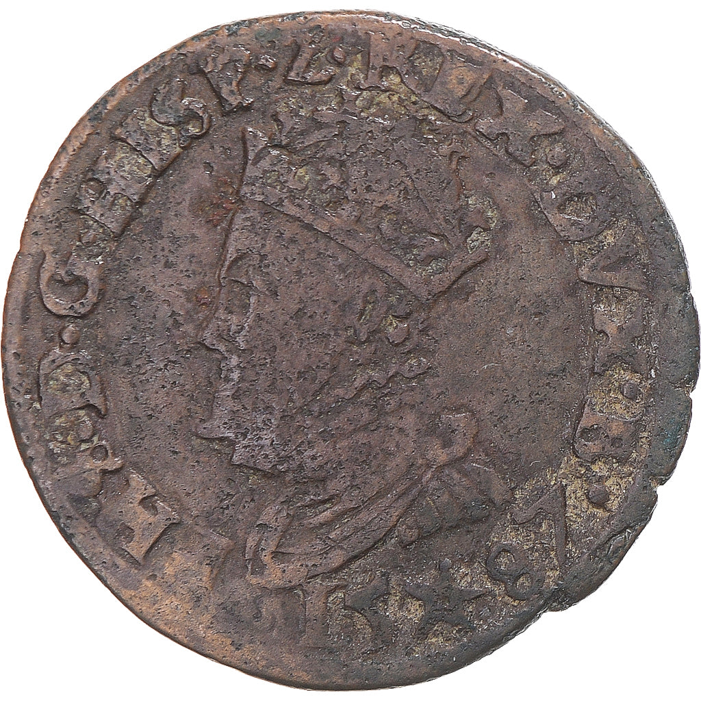 Moneda, Países Bajos españoles, Philip II, Liard, 1587, Maastricht, BC+, Cobre