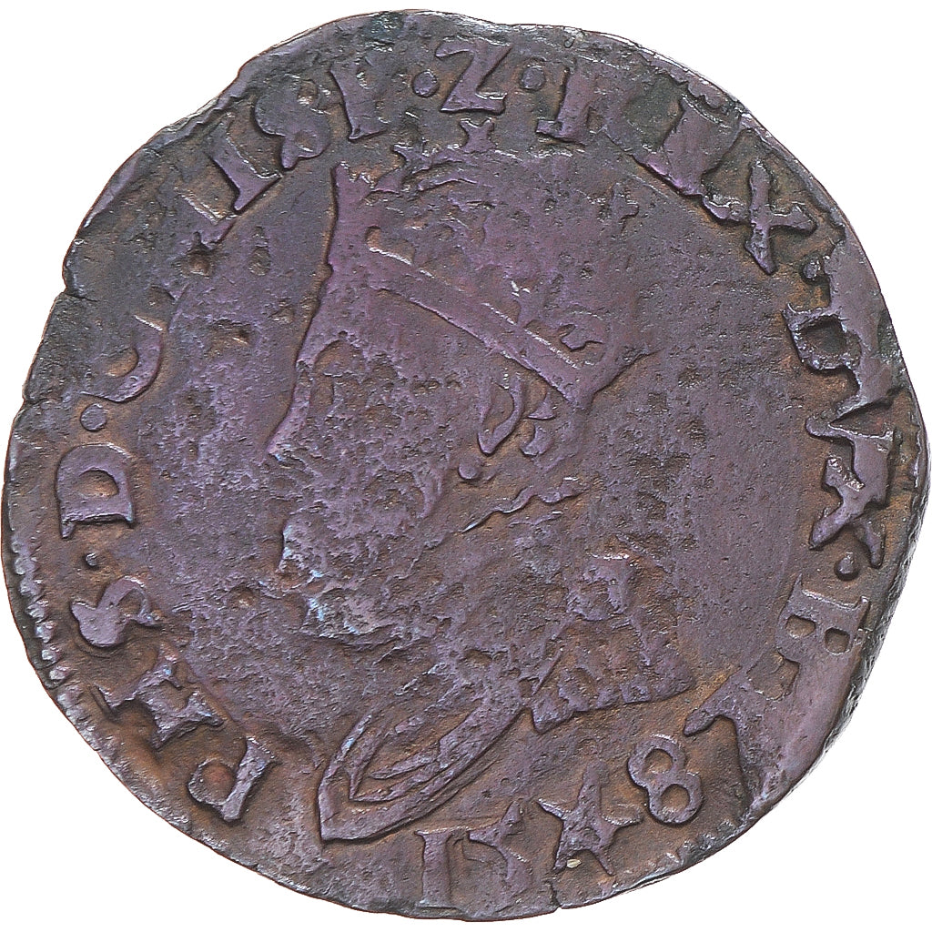 Moneda, Países Bajos españoles, Philip II, Liard, 1587, Maastricht, BC+, Cobre