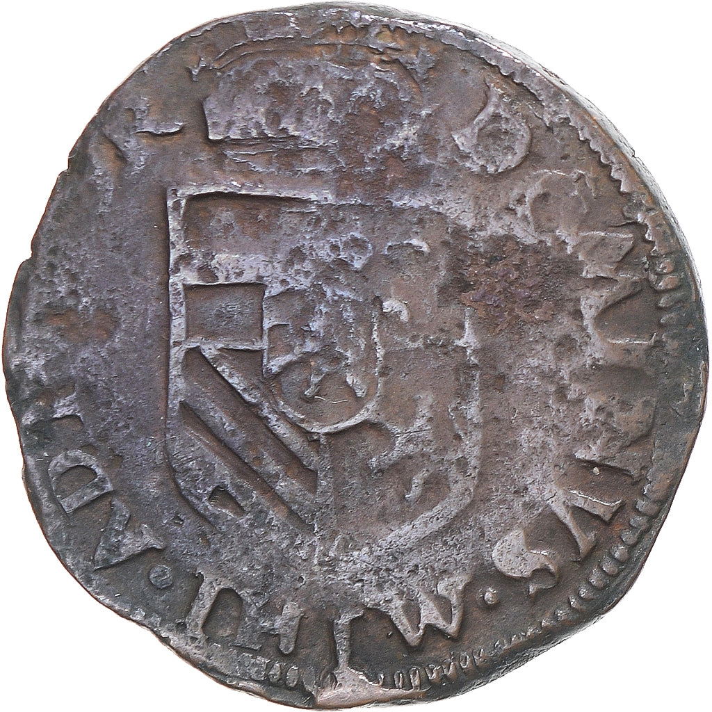 Moneda, Países Bajos españoles, Philip II, Liard, 1587, Maastricht, BC+, Cobre