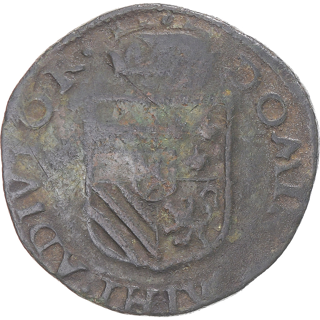 Moneda, Países Bajos españoles, Philip II, Liard, 1591, Maastricht, MBC, Cobre