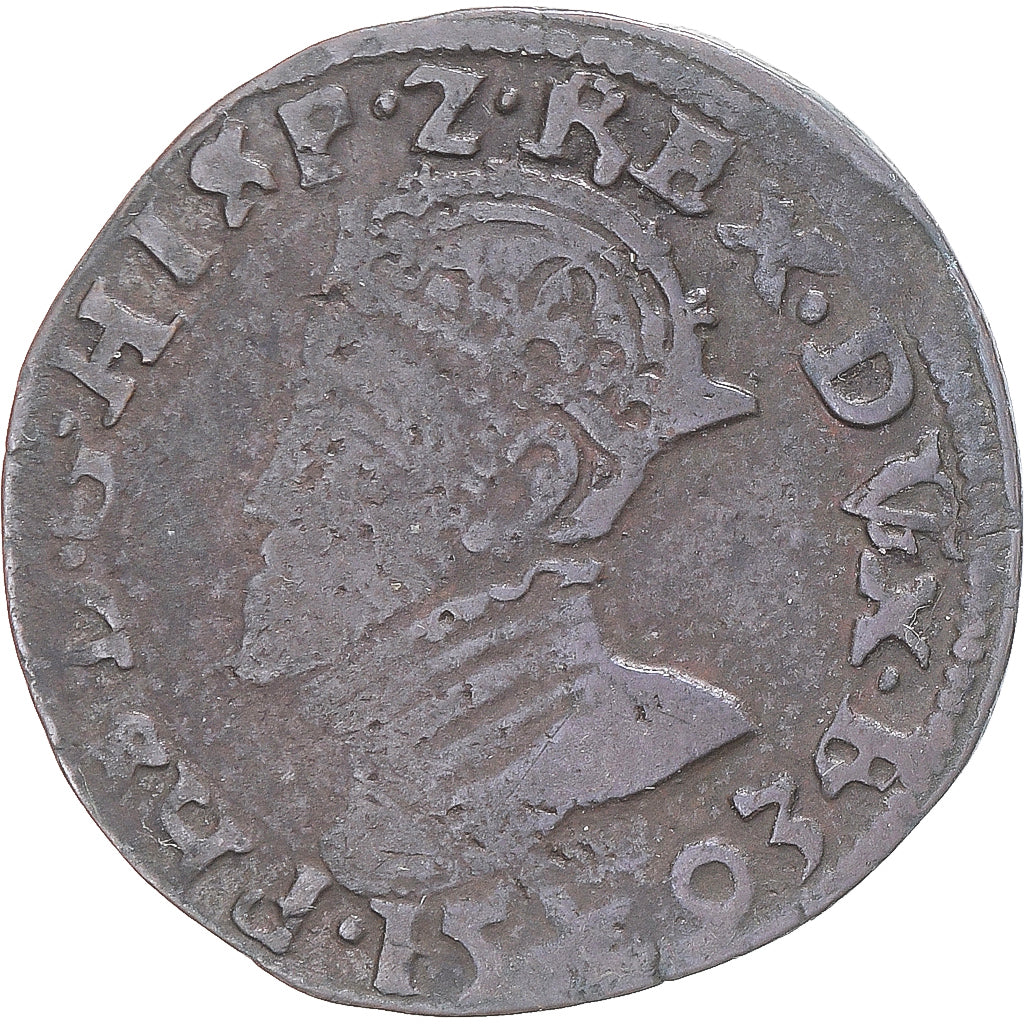 Coin, Spanish Netherlands, Philip II, Liard, 1593, Maastricht, VF(30-35), Copper