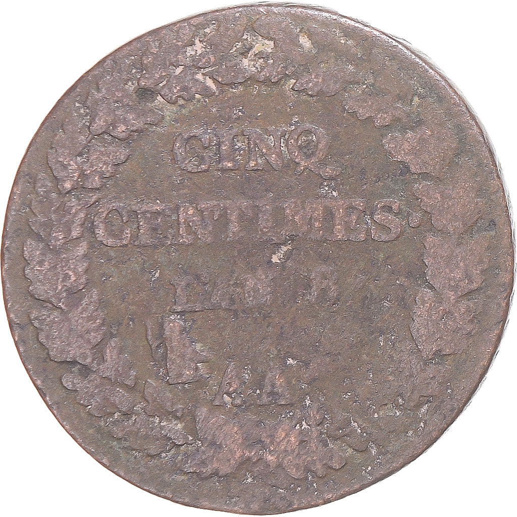 Moneda, Francia, Dupré, 5 Centimes, AN 8, Metz, BC+, Cobre, Gadoury:126a