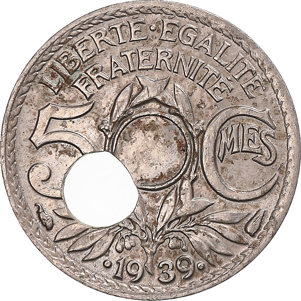 Moneta, Francja, Lindauer, 5 Centimes, 1939, Paris, Otwór poza środkiem