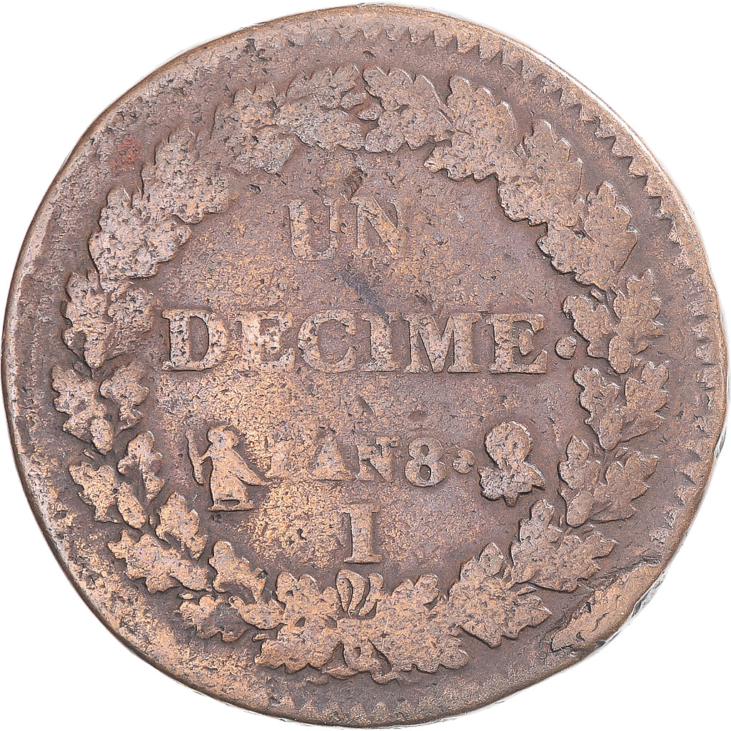 Münze, Frankreich, Dupré, Decime, AN 8, Limoges, S+, Kupfer, Gadoury:187