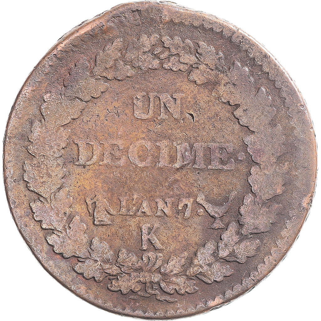 Moeda, França, Dupré, Decime, AN 7, Bordeaux, VF(20-25), Cobre, Gadoury:187