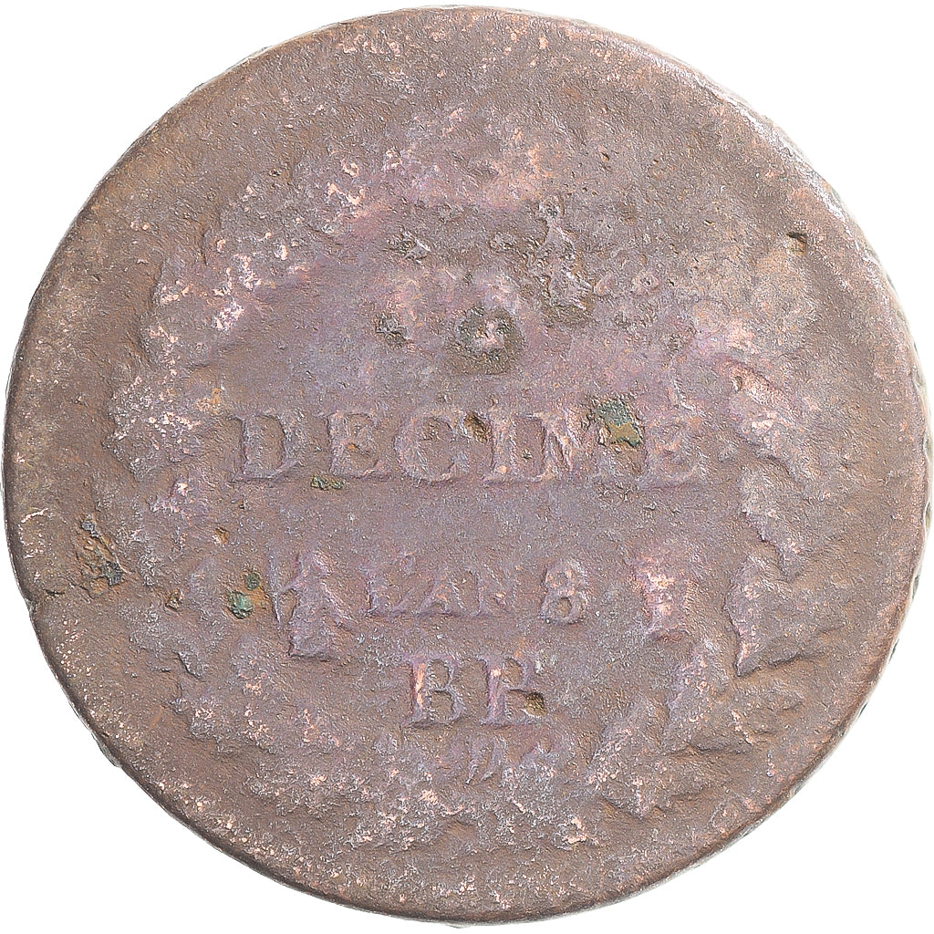 Coin, France, Dupré, Decime, AN 8, Strasbourg, F(12-15), Copper, Gadoury:187a