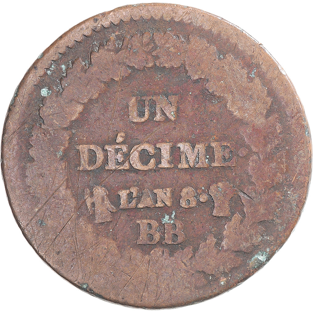Coin, France, Dupré, Decime, AN 8, Strasbourg, VF(20-25), Copper, Gadoury:187a